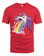 Crazy Vomiting Rainbow Unicorn Magical Fantasy Graphic Tee - red t-shirt on white background