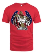 Patriotic Angel Wings Wooden Cross USA Flag Graphic Tee - red t-shirt on white background