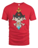 Skeleton Pirate Captain Skull Crossbones Diamond Graphic Tee - red t-shirt on white background