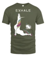 Sarcastic Exhale Unicorn Farting Rainbow Yoga Graphic Tee - military green t-shirt on white background