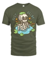 Sarcastic Just Relax Skeleton Pond Lily Pad Graphic Tshirt - military green t-shirt on white background