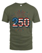 Patriotic Fireworks American Flag 250 Years Graphic Tee - military green t-shirt on white background