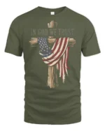 Patriotic Christian Wooden Cross American Flag Graphic Tee - military green t-shirt on white background
