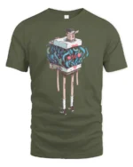 Funny Living Luggage Chest Cute Face Long Legs Graphic Tee - military green t-shirt on white background
