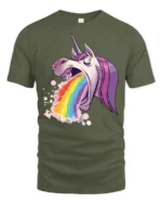 Crazy Vomiting Rainbow Unicorn Magical Fantasy Graphic Tee - military green t-shirt on white background