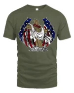 Patriotic Angel Wings Wooden Cross USA Flag Graphic Tee - military green t-shirt on white background