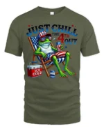 Sarcastic Just Chill The 4th Out Frog Beach Chair Tshirt - military green t-shirt on white background