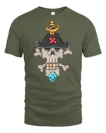 Skeleton Pirate Captain Skull Crossbones Diamond Graphic Tee - military green t-shirt on white background