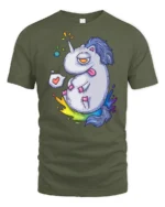 Chubby Tired Rainbow Unicorn Sarcastic Fantasy Graphic Tee - military green t-shirt on white background