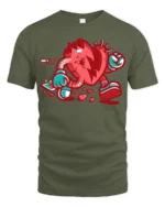 Animate Broken Heart Cartoon Character Street Graphic Tee - military green t-shirt on white background