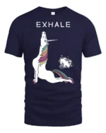 Sarcastic Exhale Unicorn Farting Rainbow Yoga Graphic Tee - navy t-shirt on white background