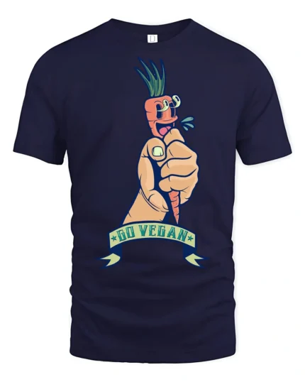 Sarcastic Go Vegan Fist Holding Cartoon Carrot Graphic Tee - navy t-shirt on white background