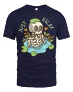 Sarcastic Just Relax Skeleton Pond Lily Pad Graphic Tshirt - navy t-shirt on white background