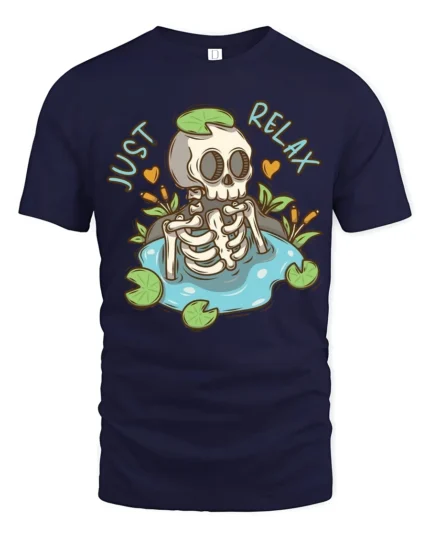 Sarcastic Just Relax Skeleton Pond Lily Pad Graphic Tshirt - navy t-shirt on white background