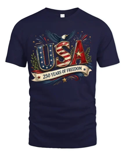 Patriotic Eagle USA 250 Years Of Freedom Independence Day Tee - navy t-shirt on white background