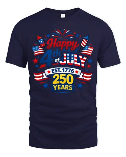 Festive Patriotic 4th Of July Est 1776 250 Years Graphic Tee - navy t-shirt on white background