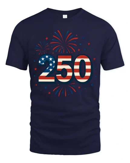 Patriotic Fireworks American Flag 250 Years Graphic Tee - navy t-shirt on white background