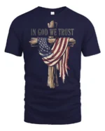 Patriotic Christian Wooden Cross American Flag Graphic Tee - navy t-shirt on white background
