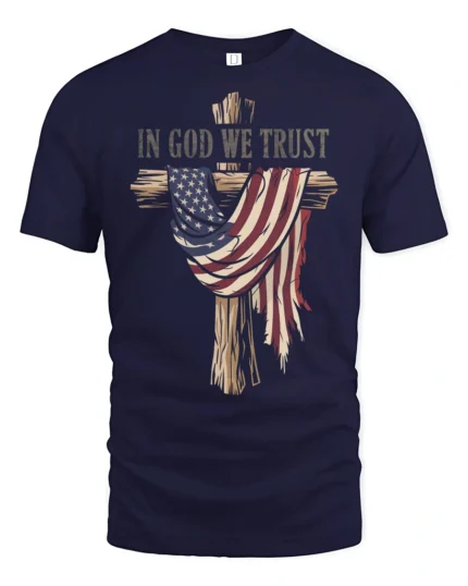 Patriotic Christian Wooden Cross American Flag Graphic Tee - navy t-shirt on white background