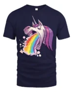 Crazy Vomiting Rainbow Unicorn Magical Fantasy Graphic Tee - navy t-shirt on white background