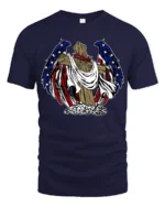 Patriotic Angel Wings Wooden Cross USA Flag Graphic Tee - navy t-shirt on white background