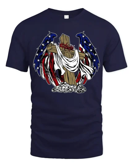 Patriotic Angel Wings Wooden Cross USA Flag Graphic Tee - navy t-shirt on white background