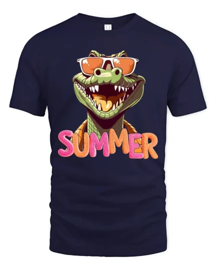 Funny Crocodile Orange Shades Beach Vacation Graphic Tshirt - navy t-shirt on white background