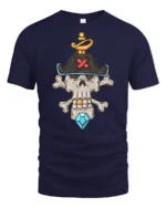 Skeleton Pirate Captain Skull Crossbones Diamond Graphic Tee - navy t-shirt on white background