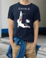 Sarcastic Exhale Unicorn Farting Rainbow Yoga Graphic Tee - model wearing navy tee with hands in pockets