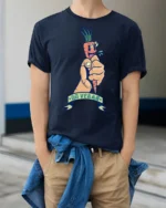 Sarcastic Go Vegan Fist Holding Cartoon Carrot Graphic Tee - model wearing navy tee with hands in pockets