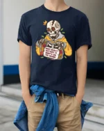 Funny Skeleton Yellow Hoodie Whats On The Inside Tshirt - model wearing navy tee with hands in pockets
