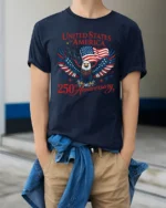 United States Semiquincentennial 1776 American Flag Tshirt - model wearing navy tee with hands in pockets