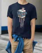 Funny Living Luggage Chest Cute Face Long Legs Graphic Tee - model wearing navy tee with hands in pockets