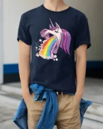Crazy Vomiting Rainbow Unicorn Magical Fantasy Graphic Tee - model wearing navy tee with hands in pockets