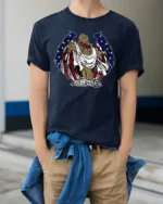 Patriotic Angel Wings Wooden Cross USA Flag Graphic Tee - model wearing navy tee with hands in pockets