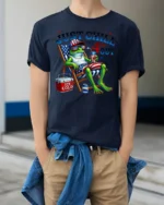 Sarcastic Just Chill The 4th Out Frog Beach Chair Tshirt - model wearing navy tee with hands in pockets