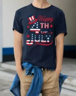 Festive Fourth Of July Uncle Sam Top Hat Holiday Graphic Tee - model wearing navy tee with hands in pockets