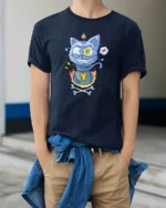 Mischievous Cat Potion Bottle Magic Crown Graphic Tshirt - model wearing navy tee with hands in pockets