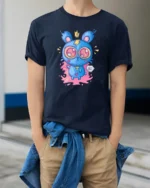 Adorable Electric Monster Crown Pink Splat Graphic Tshirt - model wearing navy tee with hands in pockets