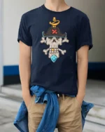 Skeleton Pirate Captain Skull Crossbones Diamond Graphic Tee - model wearing navy tee with hands in pockets