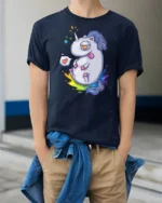 Chubby Tired Rainbow Unicorn Sarcastic Fantasy Graphic Tee - model wearing navy tee with hands in pockets