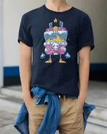 Sarcastic Walking Treasure Chest Mimic Monster Graphic Tee - model wearing navy tee with hands in pockets