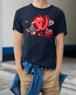 Animate Broken Heart Cartoon Character Street Graphic Tee - model wearing navy tee with hands in pockets