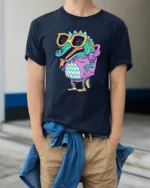 Radical Swag Gator Purple Hoodie Cartoon Graphic Tshirt - model wearing navy tee with hands in pockets