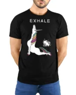 Sarcastic Exhale Unicorn Farting Rainbow Yoga Graphic Tee - model wearing black tee with hands behind back