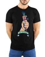 Sarcastic Go Vegan Fist Holding Cartoon Carrot Graphic Tee - model wearing black tee with hands behind back