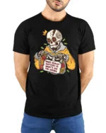 Funny Skeleton Yellow Hoodie Whats On The Inside Tshirt - model wearing black tee with hands behind back