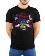 Festive Patriotic 4th Of July Est 1776 250 Years Graphic Tee - model wearing black tee with hands behind back