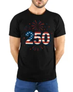 Patriotic Fireworks American Flag 250 Years Graphic Tee - model wearing black tee with hands behind back