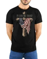 Patriotic Christian Wooden Cross American Flag Graphic Tee - model wearing black tee with hands behind back